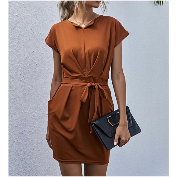 Boho Rust Brown Ruched Pocket Mini Dress Work - Picture 5 of 5